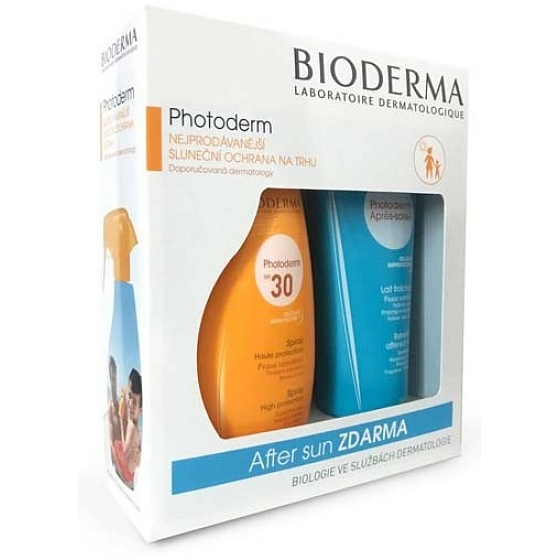Bioderma Photoderm SPF30 sprej na opalování pro citlivou pleť 400 ml + After Sun hydratace a výživa mléko po opalování 200 ml, kosmetická sada