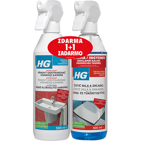 HG pěnový čistič vodního kamene, 500 ml + HG čistič skla a zrcadel 500 ml zdarma