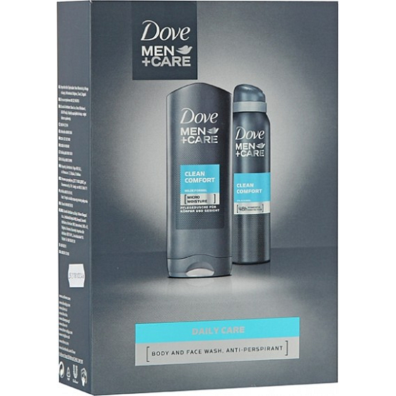 Dove FM Clean Comfort Men + Care sprchový gel 250 ml + deodorant sprej pro muže 150 ml, kosmetická sada