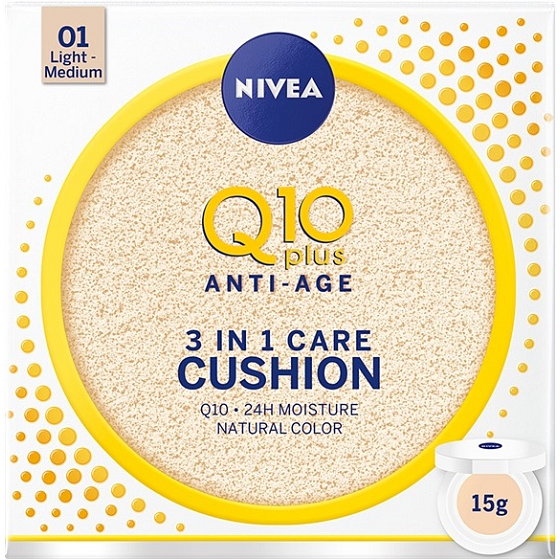 Nivea Q10 Plus Anti-Age Cushion 3v1 pečující tónovací krém v houbičce 01 Light Medium 15 g