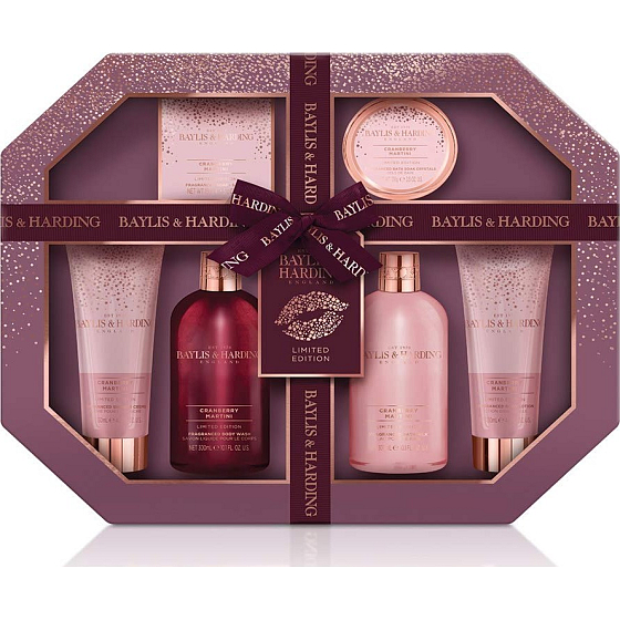 Baylis & Harding Brusinkové Martini mycí gel 300 ml + mléko do koupele 300 ml + mýdlo 150 g + sprchový krém 130 ml + tělové mléko 130 ml + koupelová sůl 100 g, kosmetická sada