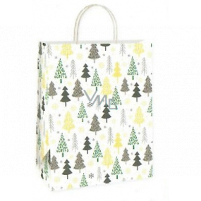 Ditipo Dárková papírová taška 22 x 10 x 29 cm EKO Vánoční bílá - zelené, šedé, žluté stromky