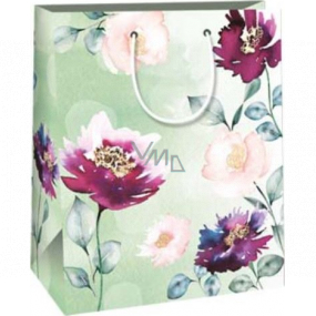 Ditipo Dárková papírová taška 26,4 x 32,7 x 13,6 cm Světle zelená s barevnými květy