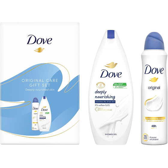 Dove Original Deeply Nourishing hydratační sprchový gel 250 ml + Original antiperspirant deodorant sprej 150 ml, kosmetická sada pro ženy
