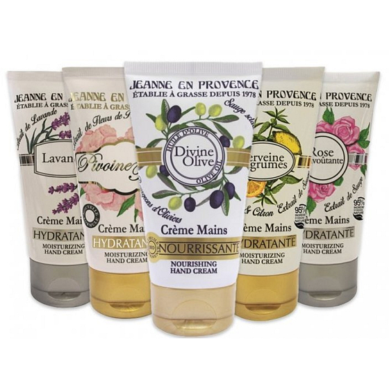 Jeanne en Provence Levandule krém na ruce 75 ml + Pivoňkový víla krém na ruce 75 ml + Oliva krém na ruce 75 ml + Verbena a citron krém na ruce 75 ml + Podmanivá růže krém na ruce 75 ml, kosmetická sada pro ženy