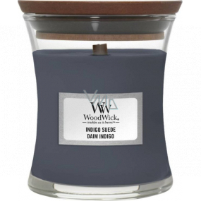 WoodWick Indigo Suede - Modrý semiš vonná svíčka s dřevěným knotem a víčkem sklo malá 85 g