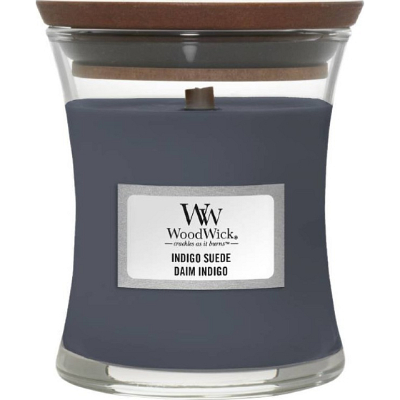 WoodWick Indigo Suede - Modrý semiš vonná svíčka s dřevěným knotem a víčkem sklo malá 85 g