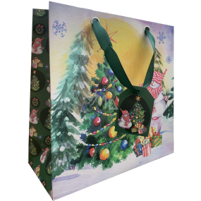 Nekupto Dárková papírová taška luxusní 23 x 23 cm Vánoční sněhulák se stromečkem