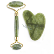Nefrit Gua Sha 5 x 8 cm + váleček masážní 14 x 5,5 cm redukuje vrásky, otoky, zlepšuje pružnost pokožky, sada bez obalu