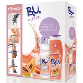 B.U. In Action Protect Plus antiperspirant deodorant sprej pro ženy 150 ml + In Action Yogurt + Papaya sprchový gel 250 ml, kosmetická sada
