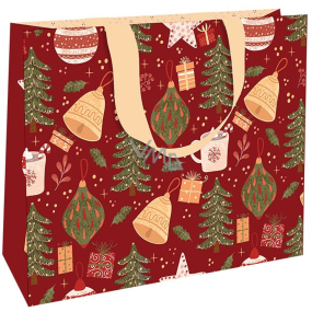 Nekupto Dárková papírová taška s ražbou 30 x 23 x 12 cm Vánoční stromečky červená