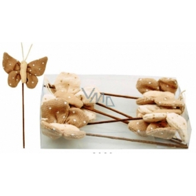 Motýlci z béžovo-hnědé látky v krabičce zápich 6 kusů, 12 cm + špejle