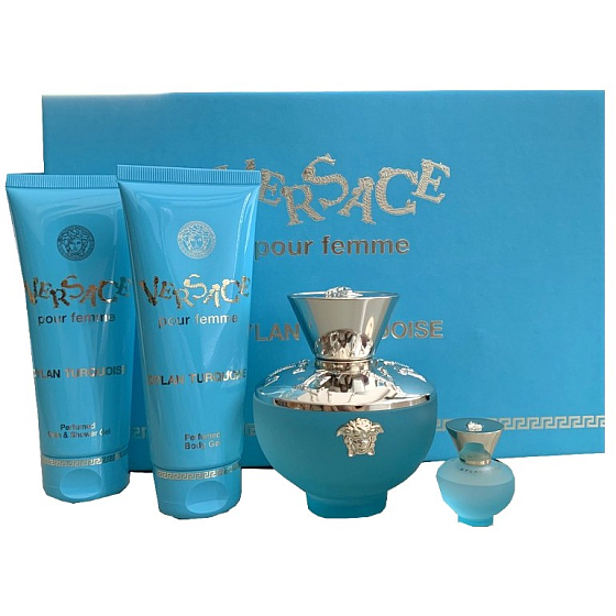 Versace Dylan Turquoise toaletní voda pro ženy 100 ml + sprchový gel 100 ml + tělový gel 100 ml + toaletní voda 5 ml, dárková sada pro ženy
