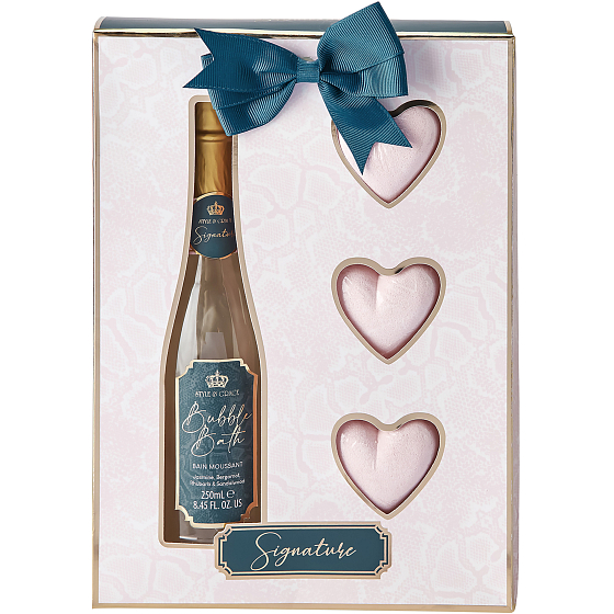 Sunkissed Champagne Signature pěna do koupele 250 ml + šumivá srdíčka do koupele 3 x 50 g, kosmetická sada pro ženy
