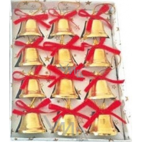 Zvonky zlaté s červenou mašličkou 2,5 cm 12 kusů v krabičce