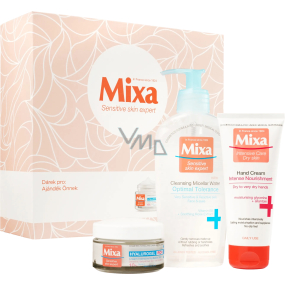 Mixa Hyalurogel Rich intenzivně hydratační denní krém s kyselinou hyaluronovou 50 ml + Optimal Tolerance micelární voda 200 ml + Intense Nourishment vyživující krém na ruce 100 ml, kosmetická sada pro ženy