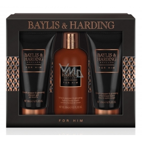 Baylis & Harding Men Černý pepř a Ženšen tekuté mýdlo na tělo i vlasy 300 ml + balzám po holení 200 ml + sprchový gel 200 ml, kosmetická sada pro muže
