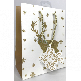 Epee Dárková papírová taška 18 x 22,5 x 9,7 cm Vánoční Bílá se zlatým jelenem 001 LUX střední