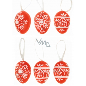 Vajíčka plastová na zavěšení červená s ornamenty 4 cm 6 kusů v sáčku