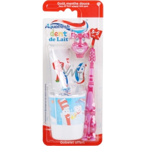 Aquafresh Dent de Lait zubní pasta 50 ml + kartáček + kelímek, růžový set pro děti