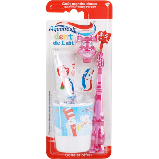 Aquafresh Dent de Lait zubní pasta 50 ml + kartáček + kelímek, růžový set pro děti