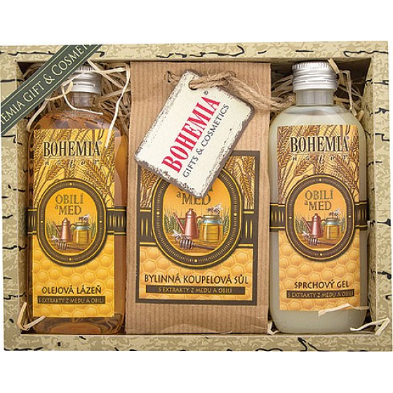 Bohemia Gifts Med a Obilí sprchový gel 100 ml + sůl do koupele 150 g + Olejová lázeň 100 ml, kosmetická sada