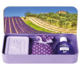Esprit Provence Levandule toaletní mýdlo 60 g + vonný pytlík + esenciální olej 12 ml + plechová krabička, kosmetická sada pro ženy
