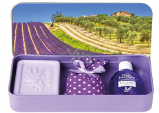 Esprit Provence Levandule toaletní mýdlo 60 g + vonný pytlík + esenciální olej 12 ml + plechová krabička, kosmetická sada pro ženy