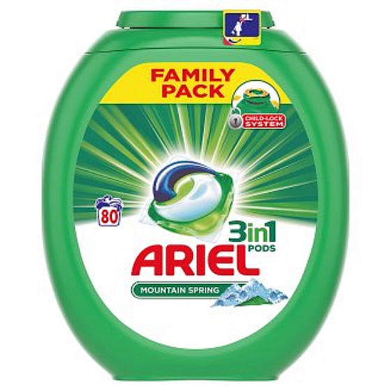 Ariel 3v1 Mountain Spring gelové kapsle na praní pro krásně čisté a voňavé prádlo bez skvrn 80 x 27 g