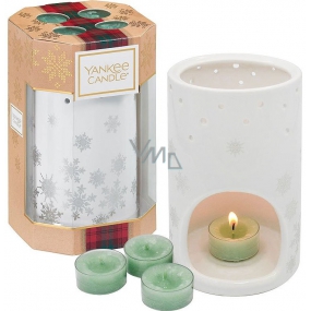 Yankee Candle White Fir - Ojíněná jedle čajová svíčka 4 kusy + svícen keramický 1 kus, vánoční dárková sada