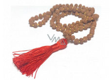 108 Mala Shiva Rudraksha, meditační šperk, přírodní indická semínka, vázaný, elastický, ruční výroba, střapec 8 cm, korálek 7-8 mm