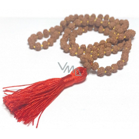 108 Mala Shiva Rudraksha, meditační šperk, přírodní indická semínka, vázaný, elastický, ruční výroba, střapec 8 cm, korálek 7-8 mm