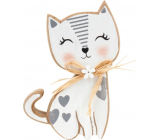 Kočka dřevěná na postavení s mašličkou a srdíčky bílá 15 cm
