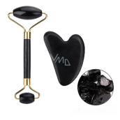 Obsidian Gua Sha 5 x 8 cm + váleček masážní 14 x 5,5 cm redukuje vrásky, otoky, zlepšuje pružnost pokožky, sada bez obalu