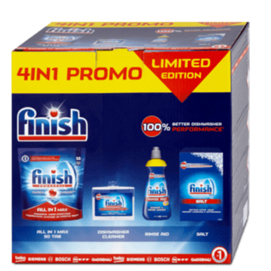Finish 4in1 All in 1 Max tablety 815 g + Shine & Protect Lemon Sparkle leštidlo 400 ml + čistič myčky 250 ml + sůl do myčky 1,5 kg, balíček čisticích prostředků