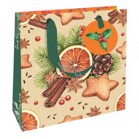 Nekupto Dárková papírová taška luxusní 18 x 16 cm Vánoční pomeranč, skořice, perníčky, šiška WLIS 1969