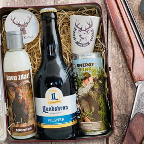 Bohemia Gifts Lovu zdar pro myslivce sprchový gel 200 ml + Pivo Landskron Pilsen 0,33 l + energetický nápoj 250 ml + keramický pohárek 0,5 cl + otvírák + plechový kufřík, kosmetická sada