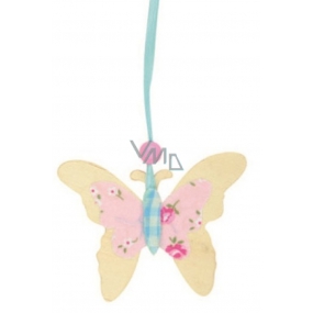 Motýl ze dřeva květinkový dekor růžovo-modrý 7 cm