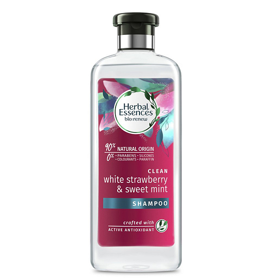 Herbal Essences Clean Strawberry & Sweet Mint Šampon s jahodami a mátou, pro lesklé a hydratované vlasy, bez parabenů 400 ml