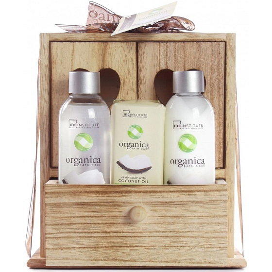 Idc Institute Organica Coconut Oil sprchový gel 120 ml + tělové mléko 120 ml + mýdlo 90 g v dřevěné krabičce, kosmetická sada
