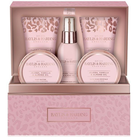Baylis & Harding Jojoba, Vanilka a Mandlový olej tělový sprej 100 ml + tělové máslo 100 ml + sůl do koupele 100 g + sprchový krém 50 ml + mycí gel 50 ml + šperkovnice, kosmetická sada
