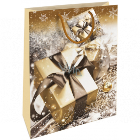 Nekupto Dárková papírová taška 32,5 x 26 x 13 cm Vánoční zlatá s dárky
