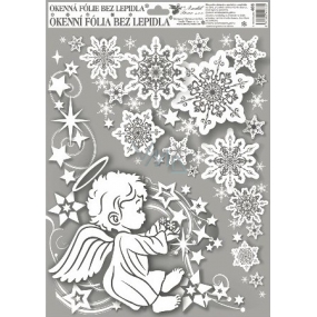 Okenní fólie bez lepidla rohová andílci s duhovými glitry kluk vlevo 42 x 30 cm