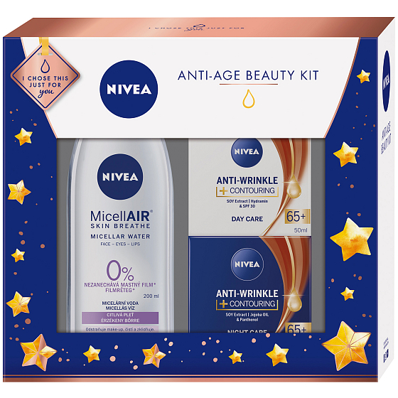 Nivea Anti-Age denní krém pro zlepšení kontur pro ženy 65+ 50 ml + noční krém pro zlepšení kontur pro ženy 65+ 50 ml + micelární voda zklidňující 200 ml, kosmetická sada