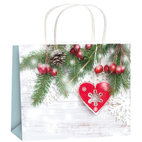 Dárková papírová taška 32 x 26 x 12,7 cm Vánoční větvička se srdíčkem a vločkou