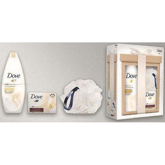 Dove Silk Glow vyživující sprchový gel 250 ml + Silk Cream Oil krémová tableta 100 g + houba na mytí , kosmetická sada