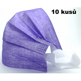 Rouška 3 vrstvá ochranná zdravotní netkaná jednorázová, nízký dýchací odpor 10 kusů fialová se širokými gumičkami