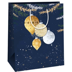 Ditipo Dárková papírová taška 26,4 x 13,6 x 32,7 cm Vánoční modrá s baňkami