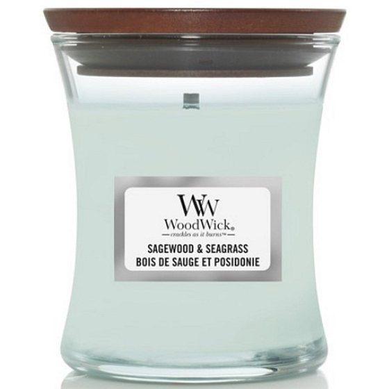 WoodWick Sagewood & Seagrass - Šalvějové dřevo a mořská tráva vonná svíčka s dřevěným knotem a víčkem sklo malá 85 g
