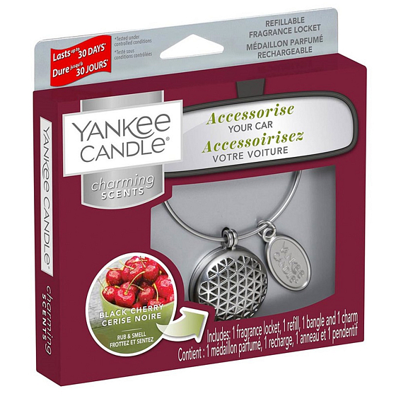 Yankee Candle Black Cherry - Zralé třešně vůně do auta kovová stříbrná visačka Charming Scents set Geometric 13 x 15 cm, 90 g